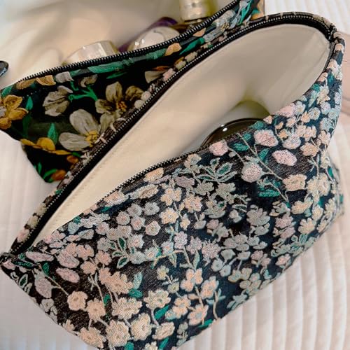 HAPPYHEIDI Women Aesthetic Makeup Bag With Compartment Accessory Zipper Pouch for Cosmetics Travel, Purse Organizer, Embroidery Lucky Flowers Black - color: 001 Black Teabreak Little Flowers Embroidery