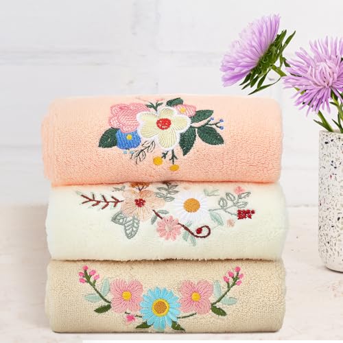 Tingjoo 3 Pcs Spring Fancy Flowers Hand Towels Boho Soft Embroidered Modern Pink White Floral Bath Towels Washable 14x29 Inch Farmhouse Decorative Spring Summer Cotton Cute Decor for Bathroom Kitchen - color: Brown Yellow Pink, style: Bohemian