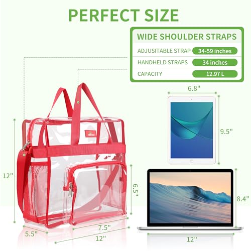 MAY TREE Clear Bag for Stadium Events 12×6×12 Clear Tote Lunch Bag with Reinforced Straps for Work, Sporting Events and Gym, Red - color: Red