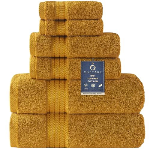 COZYART Gold Bath Towel Set 6pcs, Turkish Cotton Bathroom Towel Sets Soft Absorbent and Durable 650 GSM Luxury 6 Pcs with 2 Bath Towels, 2 Hand Towels, 2 Washcloth - color: Gold, size: 6 Piece Towel Set
