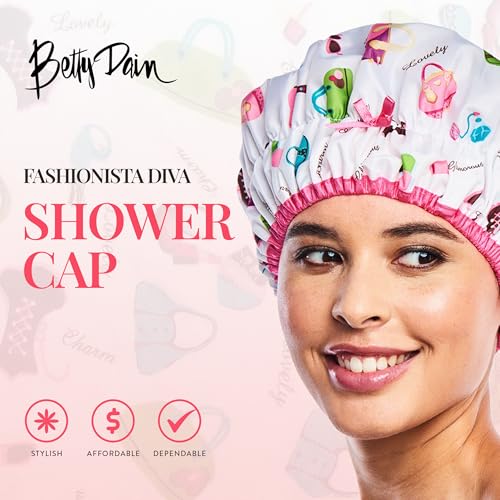 Reusable Shower & Bath Cap, Lined, Oversized Waterproof Shower Caps Large Designed for all Hair Lengths with Lining & Elastic Band Stretch Hem Hair Hat - Fashionista Diva - color: Diva