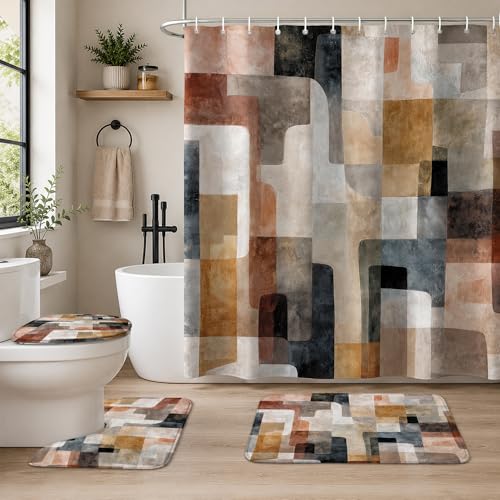 4Pcs Mid Century Shower Curtain Set, Beige Brown Grey Modern Bathroom Shower Curtain with Rugs and Accessories, with Non-Slip Rugs, Toilet Lid Cover and Bath Mat for Bathroom Decor Set - color: Beige