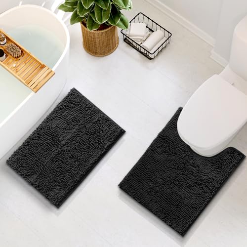 Hearth & Harbor Bathroom Rugs, Chenille Bath Mat - Machine Washable Bath Mats for Bathroom Non-Slip Backing Rubber, Quick Dry Bathroom Mat - Black 17x24-20x24 - color: Black, style: 17 x 24 + 20 x 24