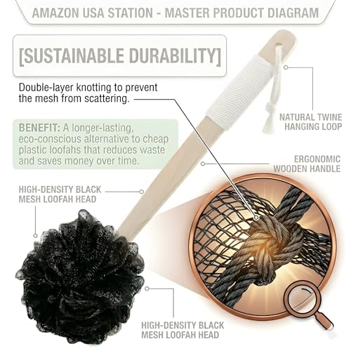 Long Handle Back Scrubber for Shower - About 16.5" Bath Brush with Non-Slip Grip - Body Loofah for Deep Exfoliation, Skin Polishing & Limited Mobility - color: White-rubber Black