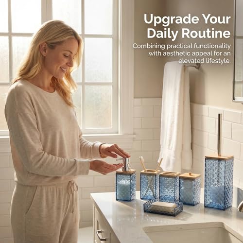 Blue Bathroom Accessory Set, 6 PCS Blue Bathroom Accessories Set, Soap Dispenser, Toothbrush Holder, Soap Dish, Mouthwash Cup, Cotton Swab Holder and Toilet Brush, Acrylic - color: Blue