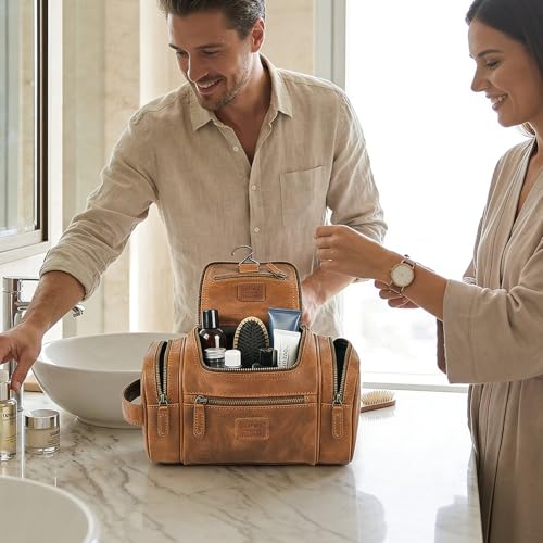 LEATHER VILLAGE Genuine Leather Travel Dopp Kit for Men & Women – Water-Resistant Large-Capacity Hanging Toiletry Bag for Travel, Grooming, Bathroom Organization, Shaving Essentials & Gym Use - Tan - color: Tan