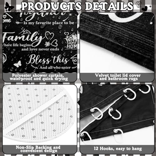 Tatuo 8 Pcs Family Shower Curtain Set Black Home Theme Bathroom Accessories Sets Farmhouse Rustic Waterproof Shower Curtain with Towels Carpet Bath Mat Toilet Rugs and 12 Hooks Housewarming Gift - style: Black Home