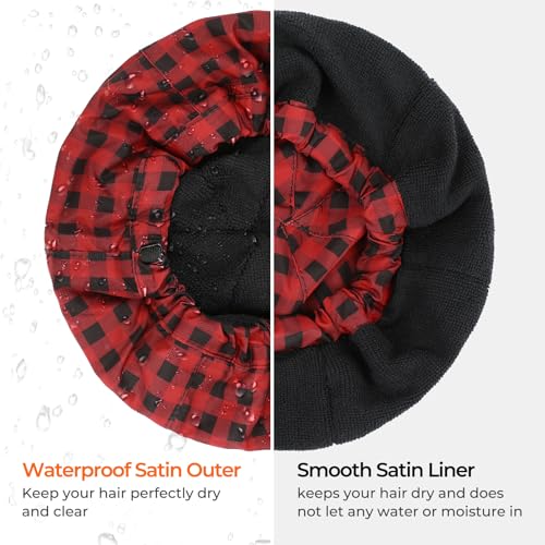 Shower Cap for Men Red Plaid Bath Cap, Reversible Large Waterproof Adjustable Shower Caps Terry Lining & Elastic Band Stretch Hem Hair Hat - color: RED PLAID
