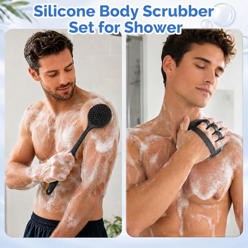 Manmihealth Silicone Back Scrubber & Soft Shower Face Brush Set 4 PCS(Thin Bristles), Super-Cleansing Body Scrubber & Strong Lathering Power Bath Glove Combination (Black) - color: Black, size: Thin Bristles Set