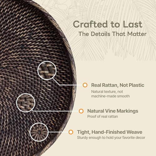 Round Rattan Tray 16" — Hand-Woven Wicker Tray for Home Decor (Blackwash) - color: Blackwash, size: 16"