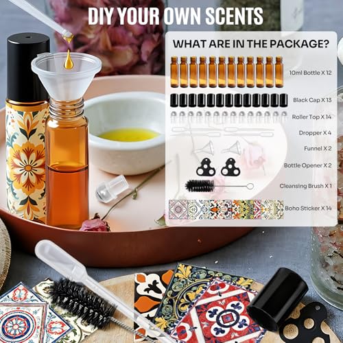Glass Roller Bottles for Essential Oils 12 Pack Roll On Bottles 10ml Amber | Empty Rollerball Bottle Thick Glass with Oil Perfume Lip Gloss DIY Kits Boho Stickers, Leak-Proof Refillable for Travel Gift - color: Amber, size: 12 Pack