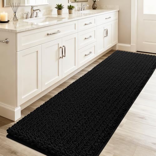 ACCUMTEK Upgrade Luxury Black Bathroom Rug Mat 59"x20", Ultra Soft Thick Absorbent Bath Mats, Non Slip Chenille Toilet Mat for Bathroom, Bedroom, Kitchen, Shower, Tub - color: Black, size: 59" x 20"