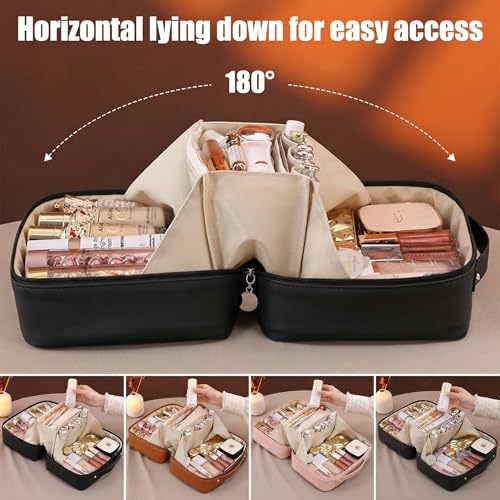 Travel Makeup Bag, Large Capacity Cosmetic Bags for Women, Waterproof Portable Pouch Open Flat Toiletry Bag Make up Bag, Black - color: Black