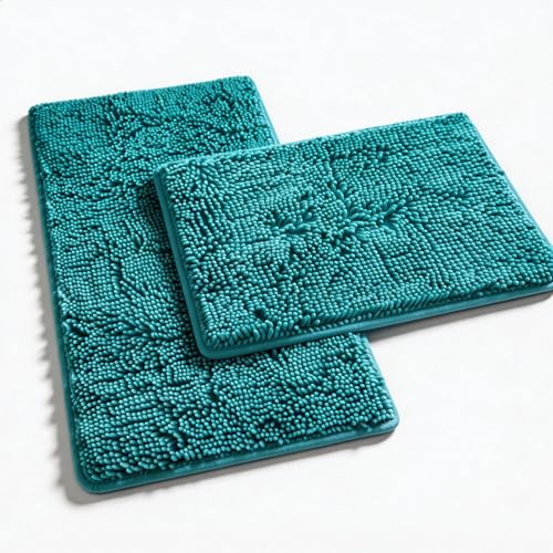 Teal Blue Bathroom Rugs Bath Mats for Bathroom Chenillen Bath Rug Set 2 Piece Non-Slip Bath Mats, Absorbent Shaggy Rugs, Machine Wash, Perfect Plush Bathroom Mats, Batroom Carpets Set - color: Teal Blue, size: 32"L x 20"W + 24"L x 16"W