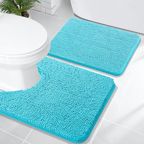 OLANLY Bathroom Rugs Sets 2 Piece, Soft Absorbent Chenille Bath Mats and U-Shaped Contour Toilet Mat Area Rug Set, Machine Washable Bath Carpet, Home Decor Accessories(24"x16"+24"x20", Aqua Sky) - color: Aqua Sky, size: 24" X 16" + U24" X 20"