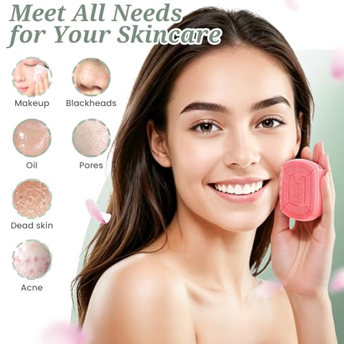 Silicone Back/Body/Face Scrubber & Lymphatic Contour Face Brush Set 4PCS, 13.4'' Soft Back Scrubber, 360° Anti-Slip Bath Glove, Unique Side-bristled Face Scrubber for All-Round Cleaning(Pink) - color: Pink*4
