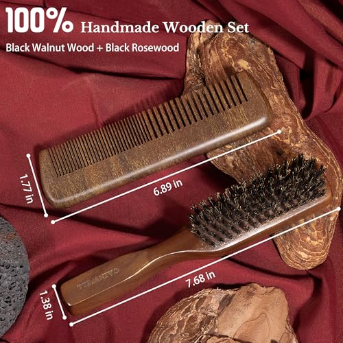 GAINWELL Mens Hair Brush Beard Comb Set, Slick Back Boar Bristle Hair Brush with Stiff Bristles for Thick Hair, Natural Black Walnut Gold Sandalwood Handle, Beard Mustache Brushes Comb Kit - size: Regular(2Pcs Set)