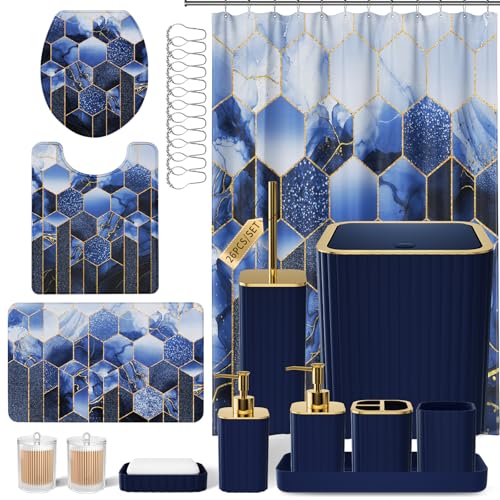 XLHOMO Bathroom Set - 26PC Bathroom Set with Shower Curtain and Rugs, Bathroom Accessory Set, Navy Blue Bathroom Sets, Trash Can & Soap Dispenser - style: Navy Blue&Gold