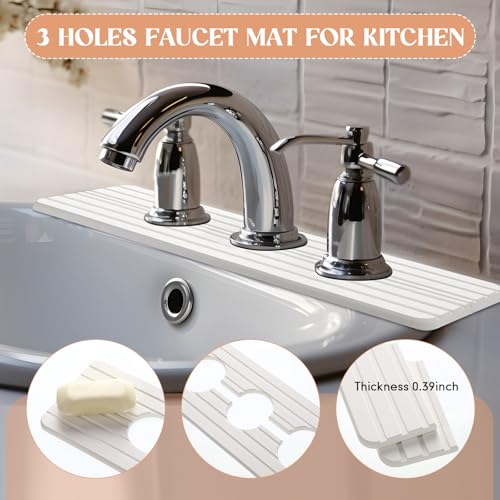 Teenyyou 3 Hole White Faucet Mat for Kitchen Sink Bathroom 16.1" x 5" Kitchen Faucet Absorbent Mat Diatomite Splash Guard Quick Drying Stone Drip Catcher Hole 2.24" Holes Spaced About 1.77 " - color: White, style: 3 Hole