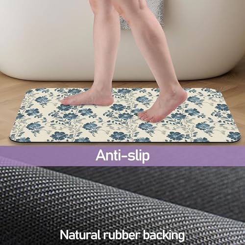 Blue Beige Flowers Bathroom Mat, Non Slip Rubber Backed Fast Dry Bath Rug, Thin Bath Mat for Bathroom Kitchen 17"x30" - color: Blue Beige Flowers