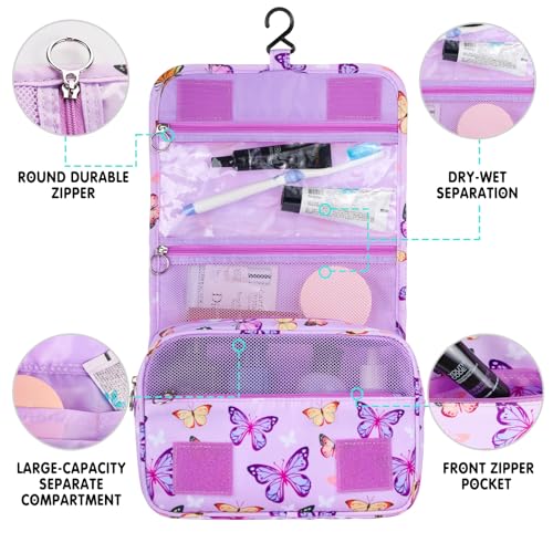 Kids Hanging Toiletry Bag for Girls, Travel Toiletry Bag for Little Young Girls Cosmetic Makeup Waterproof Wash Bag Toddler Traveling Toiletries, Butterfly Purple - color: Butterfly-Purple