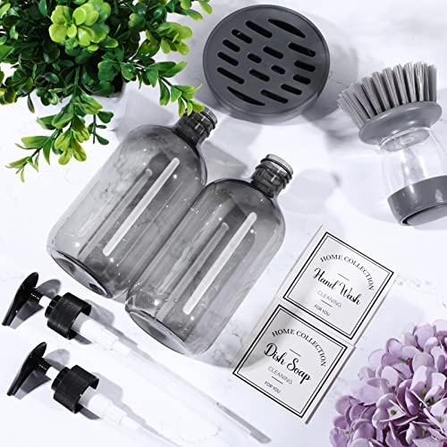 4 Pieces Kitchen Soap Dispenser Set Includes 16 oz Plastic Dish Soap Hand Dispenser was with Silicone Tray and Labels, Brush and Drip Tray(Black, Gray)