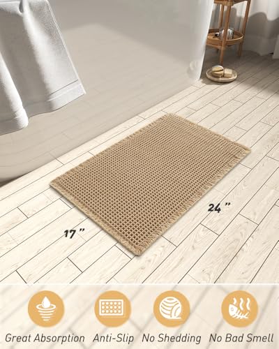 AMOAMI Upgraded Waffle Bath Mat, Super Absorbent Non Slip Bath Mats for Bathroom Floor, Machine Washable Bathroom Rugs with Tassels, Rubber Backed Bathroom Mats, Ultra Soft, 17" x 24", Brown - color: Brown, size: 1'5" x 2' (Rectangular)