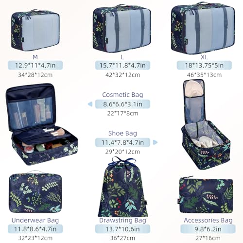 BAGAIL 8 Set Packing Cubes Luggage Packing Organizers for Travel Accessories-Navy Leaf - color: Navy Leaf, size: 8 Set