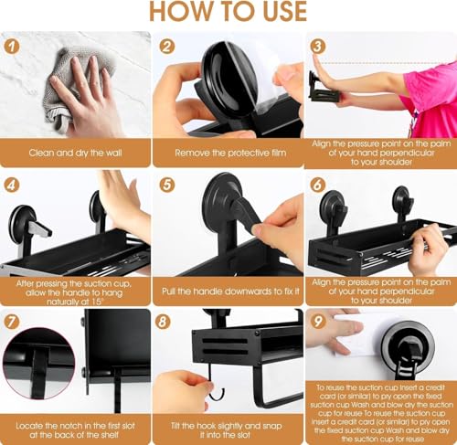 Suction Cup Shower Caddy, 11.8 inch Extended Version,5 Hooks & Towel Rrack, No Drilling Required, Rust-resistant Bathroom Shower Organizer,with 2 Extra Suction Cups for Replacement Use (2Pack-Black) - size: 11.8 inches(2-Pack US)