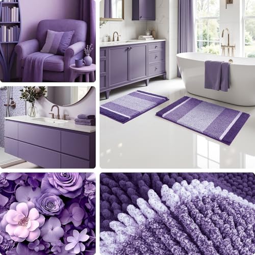 HOMEIDEAS Purple Bathroom Rugs Set of 2, Thick Absorbent Chenille Bath Mats, Non-Slip Soft Shaggy Rugs for Bathroom Floor, 20" x 32" Plus 17" x 24" - color: Purple