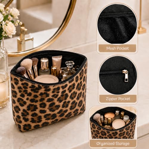 3PCS PU Leather Makeup Bag, Large Travel Cosmetic Pouch, Cute Toiletry Organizer for Women, Set of 3 - color: Brown-3pc