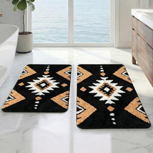 Arttown Black Boho Aztec Vintage Bathroom Rug Set 2 Piece Fluffy Microfiber Bathroom Mat Non-Slip Water Absorbent Bath Rug Soft Washable Floor Rug for Tub Showers Laundry Room Decor (16"x24"+20"x32") - color: Black Brown