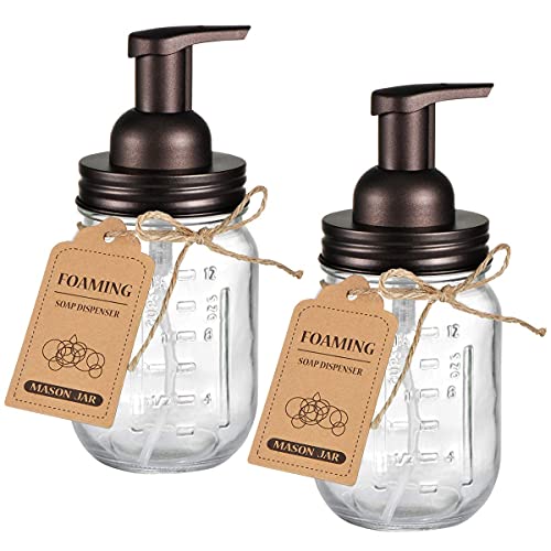Amolliar Mason Jar Foaming Soap Dispenser, Rustproof Stainless Steel Lid, BPA Free Foam Pump, Waterproof Labels, Rustic Farmhouse Decor Refill Hand Soap Dispenser Bathroom Accessories– Bronze (2 Pack) - color: Bronze, size: 2 Pack