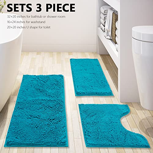 Bathroom Rugs Chenille 3-Piece Extra Soft and Absorbent Shag Bathroom Rugs, Machine Wash Mat, Strong PVC Non-Slip Underside, Plush Carpet Mats (Turquoise) - color: Turquoise, size: 2'8" x 1'8" (16x24"+20x32"+20x20"U shape）