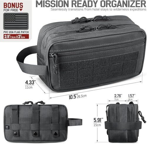 RXW EDC Toiletry Bag for Men, Tactical Dopp Kit, Molle Pouches Compact Travel Organizer for Shaving Shower, Hygiene, Grooming (Includes Dry/Wet Compartment & US Flag Patch) - color: Black