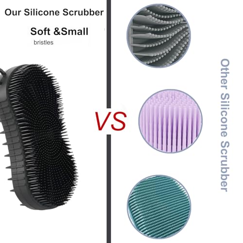 Silicone Body Scrubber, Double Sided Exfoliating Brush with Soft Flexible Bristles, Scalp Massage and Shampoo Tool with Hanger Loop (Black) - color: Black