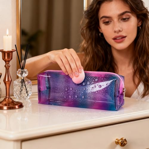 Waterproof Makeup Bag,10 x 3.5 x 2 inch Iridescent TPU Travel Toiletry Bag with Handle for Women & Men, Portable Cosmetic Pouch for Gym Swim Beach (A250030-418-2) - color: A250030-418-2