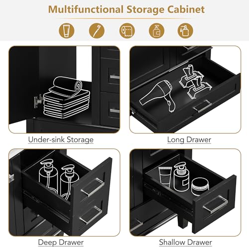 Linique 30" Modern Bathroom Vanity with Sink Combo Set, Solid Wood Frame Bathroom Storage Cabinet with a Soft Closing Door and 3 Drawers, Black - color: Black, size: 30"/ Door without Organizer