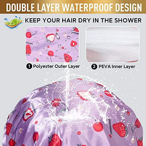 Shower Cap, Adjusable Shower caps for Women, Extra Large Upgrade Double Waterproof Layers Hair Cap, Bath Caps Shower Hat Women Girls Adult Hair Protection Suitable for All Lengths and Thickness - color: Purple Strawberry, size: X-Large