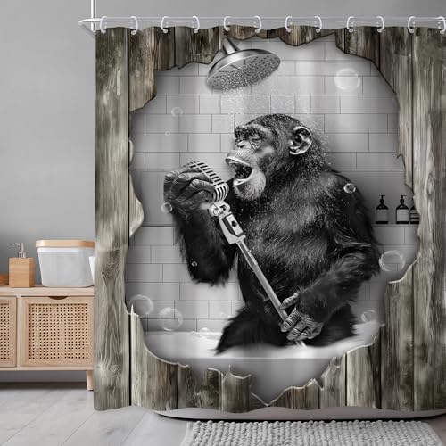 Newsely Funny Monkey Shower Curtain 72Wx72L Inch Black White Animal Chimpanzee Singing in Bathtub Modern Cool Wooden Bathroom Set Men Kids Boy Waterproof Bath Decoration Accessories Home Decor - color: H-monkey, size: 72"W x 72"L (Pack of 1)