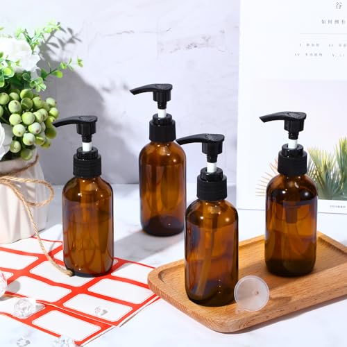 Tanlade 12 Pcs Glass Pump Bottle Dispenser 4 oz Travel Bottles with Pump Refillable Glass Containers for Toiletries Lotion Liquid Soap Shampoo Essential Oils Cosmetic Travel Accessories(Amber) - color: Amber