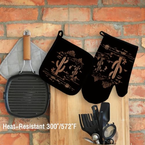 Western Desert Black Oven Mitts and Pot Holders Set, Cactus Kitchen Decor, Southwest Western Over Mittens for Kitchen - color: Black