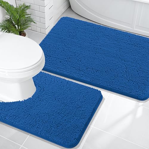 OLANLY Bathroom Rugs Sets 2 Piece, Soft Absorbent Chenille Bath Mats and U-Shaped Contour Toilet Rug Set, Machine Washable Bath Carpet, Home Decor Accessories(36"x24"+24"x20", Deep Navy Blue) - color: Deep Navy Blue, size: 36" X 24" + U24" X 20"