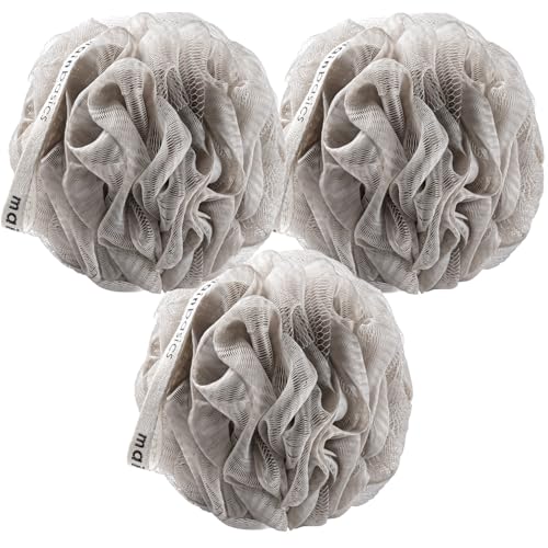 MainBasics Shower Loofah Sponge Pouf, Set of 3, Totally Taupe | Soft Mesh Body Scrubber and Bath Sponge for Gentle Exfoliation, Rich Lather, and Everyday Shower Use - style: Totally Taupe