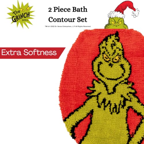 Collectibles Grinch by Dr. Seuss Holiday & Christmas Poly Knit 2 Piece Toilet Cover, Non Slip and U-Shaped Contour Toilet Mat, (Officially Licensed Product) By Franco - color: Grinch - Bath Contour Set