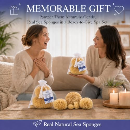 Real Natural Sea Sponges Multipack - 5pc Spa Gift Set in Premium Bag, Kind on Skin, for Bath Shower Facial Cleansing, Pamper Moms Brides Girlfriends & Teens (5 Pack Standard Packaging) - style: 5 Piece set in bag