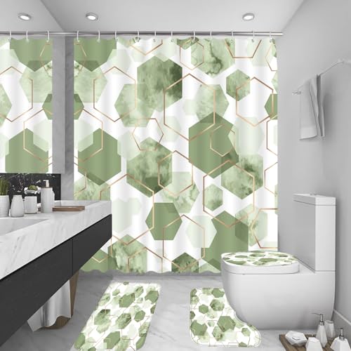 4Pcs Sage Green Geometric Shower Curtain Set, Neutral Modern Art Deco Shower Curtain with Hooks, Elegant Trendy Simple Bathroom Sets with Shower Curtain and Rugs, 71 * 71in - color: Green