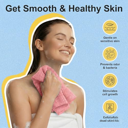 2 Pack Exfoliating Washcloth Towels - Exfoliating Body Scrubber Exfoliator, Back Scrubber for Use in Shower Bath, Japanese & Korean Scrub Wash Cloths, Loofah Lufa Sponge Washer for Women Men - color: Pink
