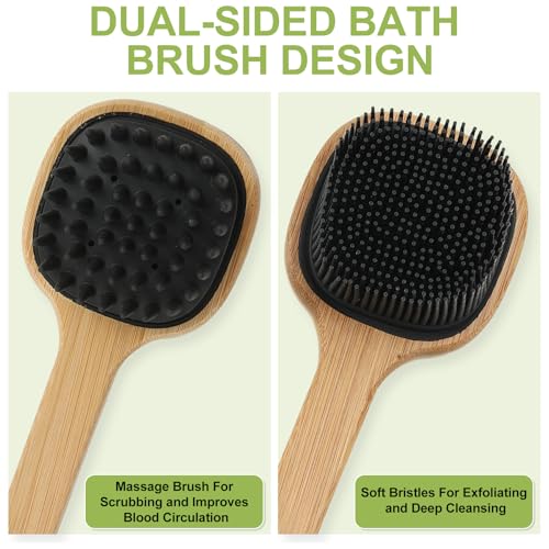 Silicone Back Scrubber for Shower, Stocking Stuffers for Men, Silicone Bath Body Brush Loofah with Long Handle, Dual-Sided Shower Brush for Body, Black Exfoliating Body Scrubber Back Washer with Hook - size: black-1pcs