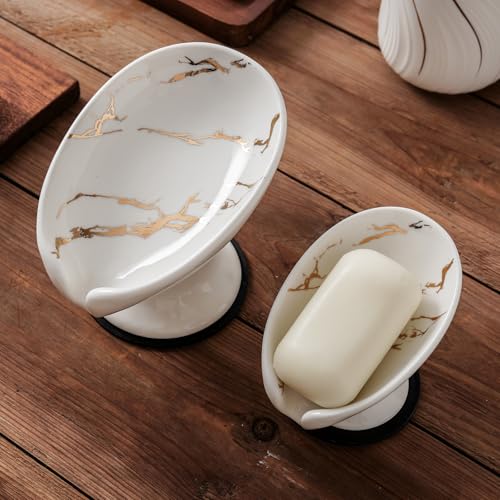 Agyiuns Soap Dish, Soap Holder Self Draining Leaf Shape Soap Dishes，White and Gold Marble Pattern Ceramic Draining Soap Tray for Shower, Bathroom Sink, Kitchen (Small Size-Marble White, 1) - color: Small Size-marble White